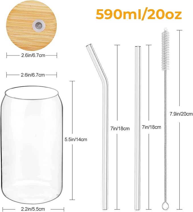 4 Set Glass Cups with Bamboo Lids and Straws, 20oz Drinking Beer Glasses, Iced Coffee Cups, Cute Tumbler with 2 Cleaning Brushes, Ideal for Bubble Tea, smoothie, Juice
