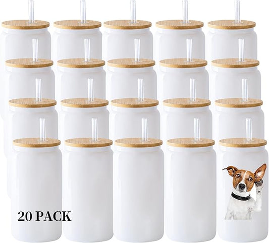 YOUKE OLA 20 Pack Sublimation Blank White Glass Cans Sublimation Beer Glass Cups with Bamboo Lids Borosilicate Glasses Tumbler Mason Jar Cups Mug with Straw for Beer, Juice, Drinks 16oz White