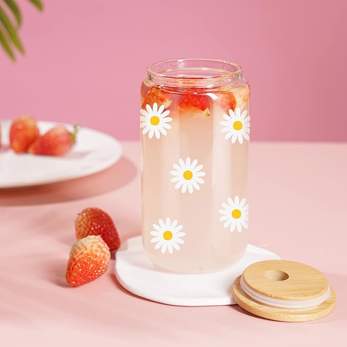 GSPY Daisy Aesthetic Gifts, Iced Coffee Cup, Cute Glass Cups with Lids and Straws - Cute Mugs, Flower Mug, Glass Tumbler - Valentines Day, Birthday Gifts for Women, Coffee Lovers, Friend, Girls, Mom
