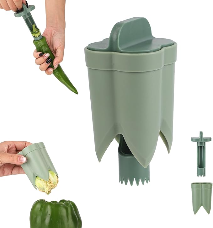 2pcs Pepper Corer, 4.45x2.2x2.2in/11.3x5.6x5.6cm ABS Material Pepper Deseeder 2 in1 Fruit Corer Cutter Kitchen Essential for Kitchen Home Family Camping(Green)