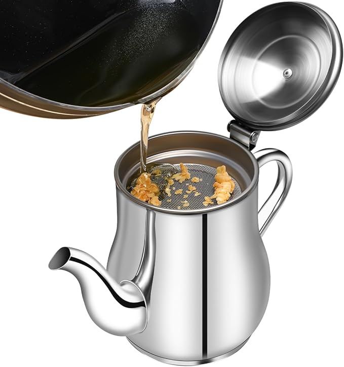 Yardwe Stainless Steel Oil Filter Pot - 24Oz Oil Dispenser with Fine Mesh Strainer for Kitchen Storage and Grease Container