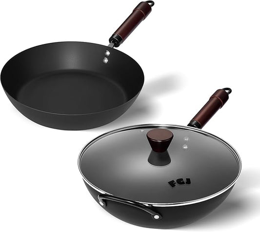 FGJ 13 Inch Wok and 12 Inch Sikllet, Cookware Set, Carbon Steel Woks &Stir-fry Pans Nonstick and Frying Pan, Pre-Seasoned 5.8QT Flat Bottom Chinese Paella Pan, Compatible with All Cooktops