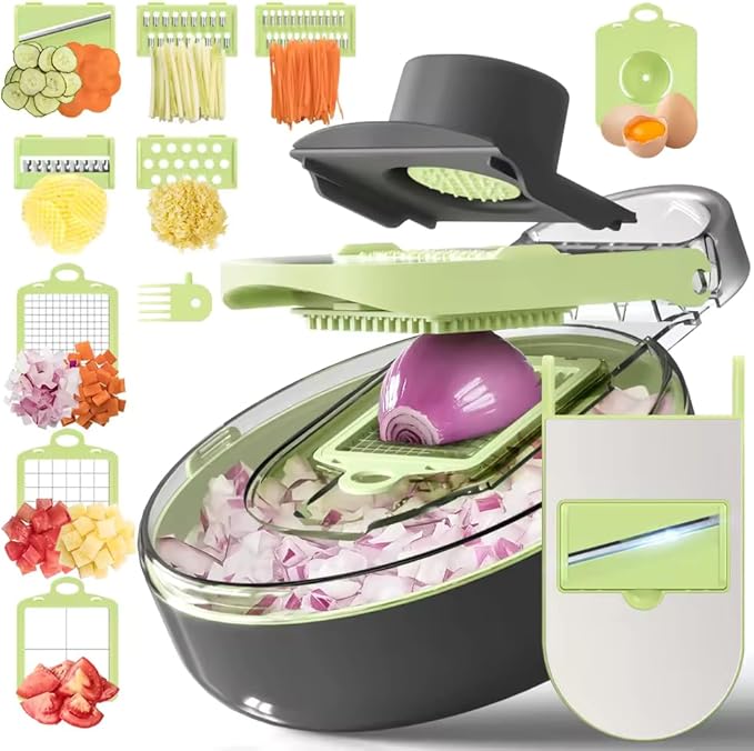 Vegetable Chopper, Onion Chopper, Mandoline Slicer, 9 in 1 professional Veggie Chopper and Slicer, Cucumber Slicer, Potato Slicer, Dicing Machine, Adjustable Veggie Chopper with Container and Lid
