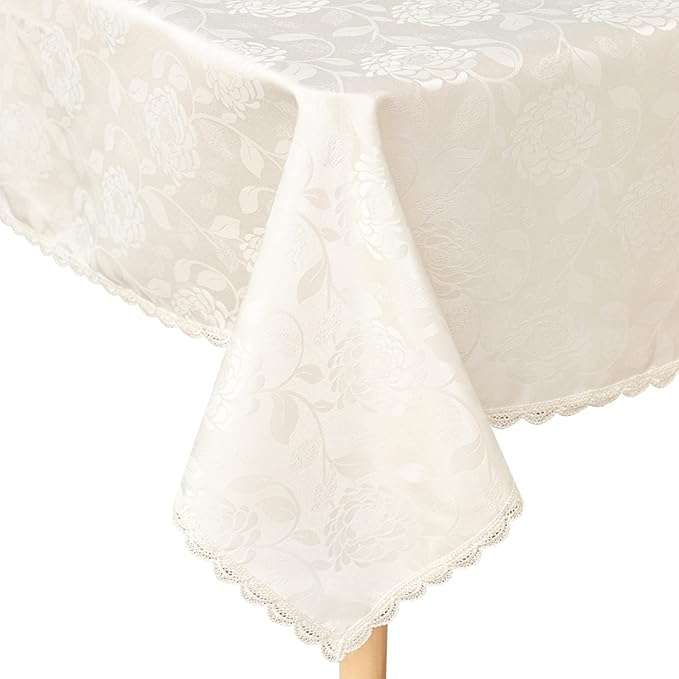 Textured Tablecloth Waterproof Spillproof Lace Trim Rectangle Damask Fabric Table Cloth for Wedding Kitchen Dinning Tabletop Decoration,Oblong Table Cover 55 x 86 Inch, Ivory White