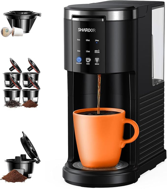 SHARDOR 3 in 1 Single Serve Coffee Maker for K Cup & Ground Coffee & Teas, Pod Coffee machine, 6–14oz Brew Sizes, 40oz Detachable Water Reservoir, Descale Settings, Black