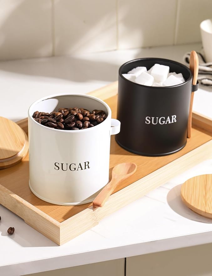 AISBUGUR Sugar Bowl with Lid and Spoon: 17oz Metal Sugar Container - Airtight Food Sugar Jar - Coffee Bar Accessories - Countertop Kitchen Decor (Black)