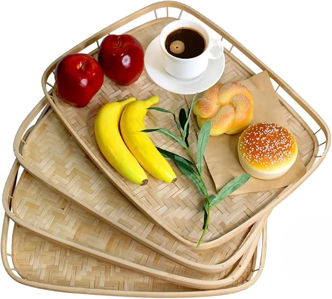 PEMAR Set of 4 Bamboo Wicker Serving Trays for Foods & Drinks, Rectangular Breakfast Lap Trays with Handles Wooden Decorative Platters for Coffee Table, Bed Eating