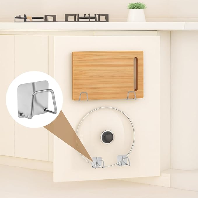 Under Cabinet Cutting Board Holder – 12 Pack Pot Lid & Chopping Board Organizer Rack, Stainless Steel Adhesive Storage for Kitchen Cabinets & Counter, No Drilling Required (Silver)