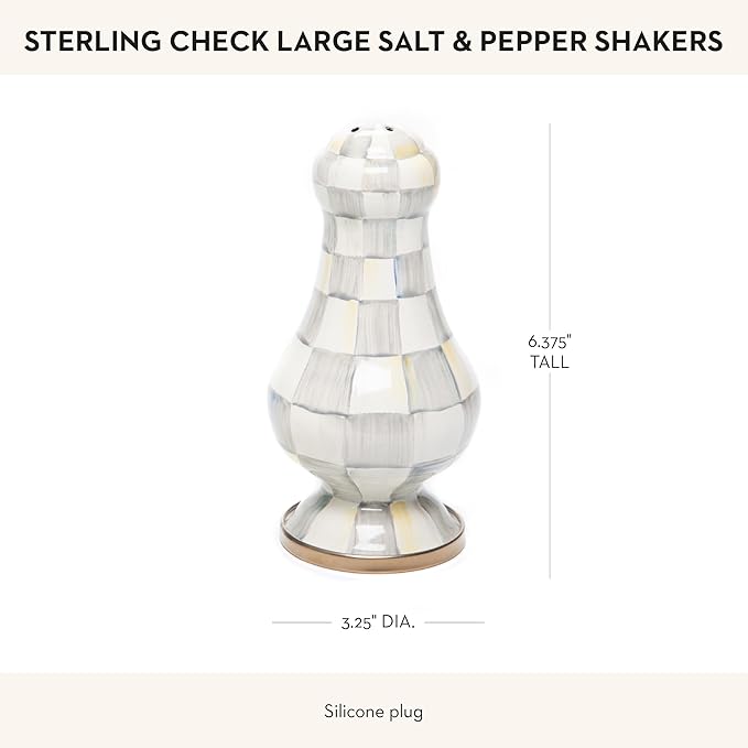 MACKENZIE-CHILDS Enamel Salt and Pepper Shakers, Kitchen Table Spice Shaker Set, Gray-and-White Sterling Check, Large