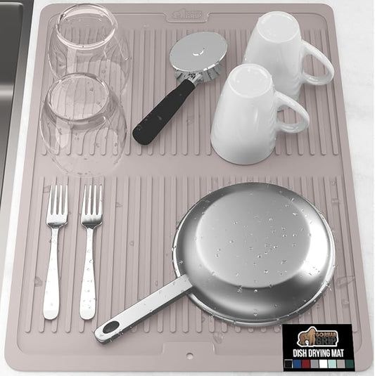 GORILLA GRIP 100% BPA-Free Patented Silicone Dish Drying Mat for Kitchen Counter, 18x24 Inch, Water Catching Ribbed Design, Easy Clean Waterproof Sink Liner, Heat Resistant, Fits Under Rack, Almond