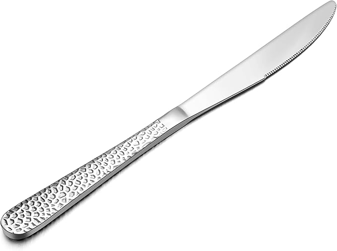 E-far Dinner Knives Set of 6, Stainless Steel Hammered Serrated Table Knife for Home Kitchen Restaurant, Mirror Polished & Dishwasher safe-8.9 Inches