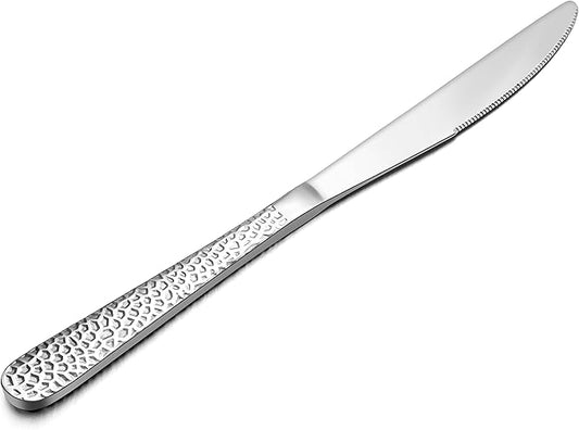 E-far Dinner Knives Set of 6, Stainless Steel Hammered Serrated Table Knife for Home Kitchen Restaurant, Mirror Polished & Dishwasher safe-8.9 Inches