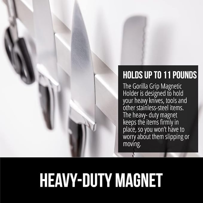 GORILLA GRIP Stainless Steel Magnetic Knife Holder for Wall, 24 in, Magnet Bar for Knives, Tools, Supplies, Heavy Duty Metal Strip Holds Up to 6 lbs, Kitchen Organizer, Non-Adhesive, Drilling Required