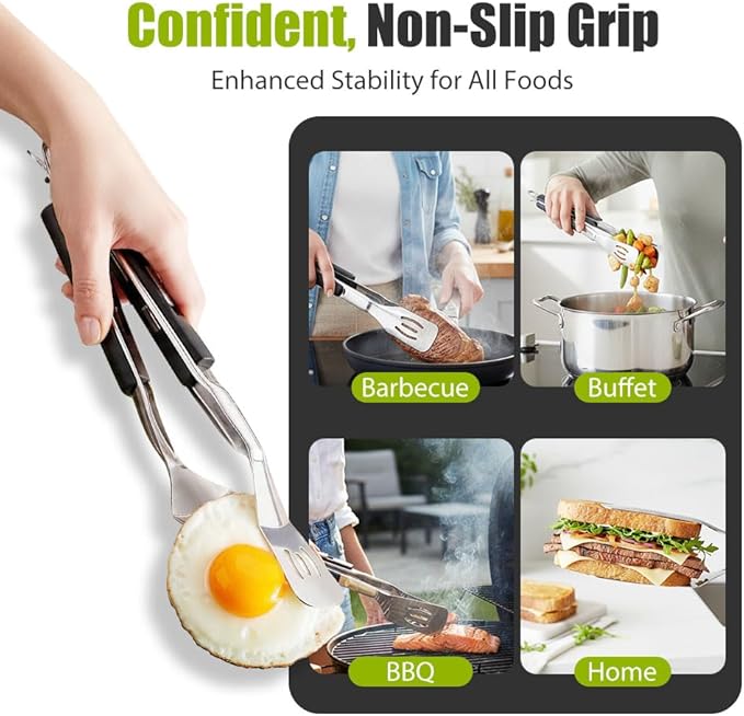 Stainless Steel Grill Clamp, 2026 Upgraded Multifunctional Frying Spatula, Rubber-Grip Tongs-Spatula, Perfect for Grilling, Cooking, Frying, and Griddling (4)