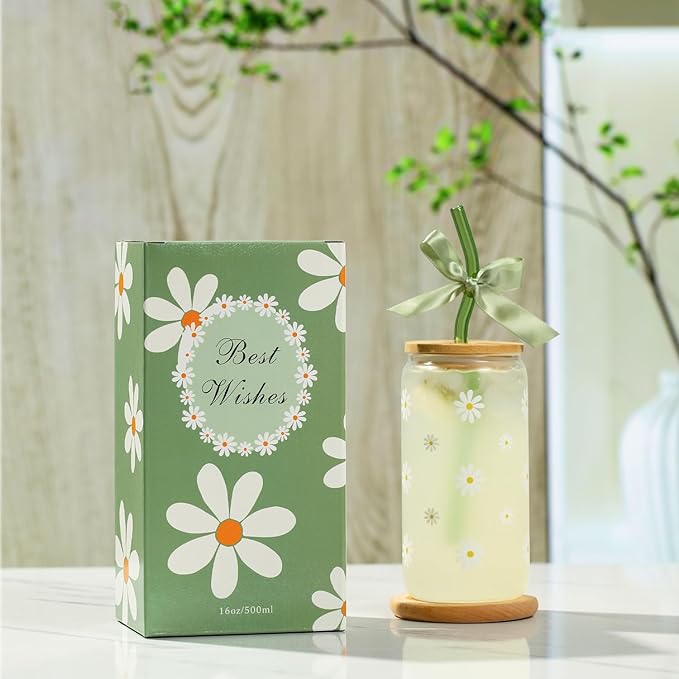 Cute Glass Matcha Cup with Lids and Straws, Teen Girl Birthday Gifts Daisy Iced Coffee Cups, Sage Green Aesthetic Mug Tumbler for Mothers Day Christmas Valentines Coffee Lover 16oz