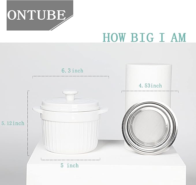 ONTUBE Ceramic Bacon Grease Container Keeper with Strainer, Frying Oil Storage Can, White