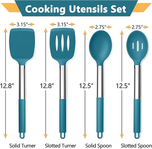 P&P CHEF Blue Kitchen Cooking Utensil Set of 4, Silicone Solid Spatulas Slotted Spoons Turners for Non-stick Cookware Flipping Mixing, Heat-proof