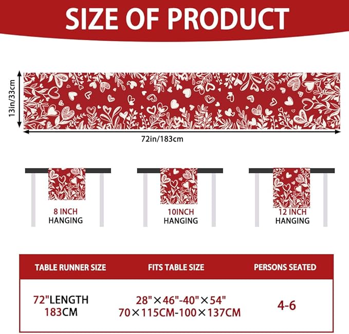 Valentine’s Day Red Heart Love Plant Table Runner 13x72 Inch , Holiday Kitchen Dining Tabletop Runners for Home Indoor Farmhouse Decoration