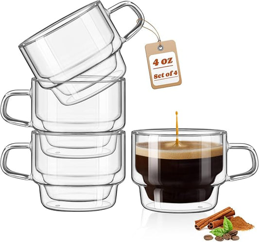 glastal 4 oz Stackable Glass Cups Espresso Cups Double Walled Espresso Glasses Set of 4, 120ml Coffee Tea Glasses Expresso Shots Cup Set for Tea, Milk, Gifts for Women Man - German Quality