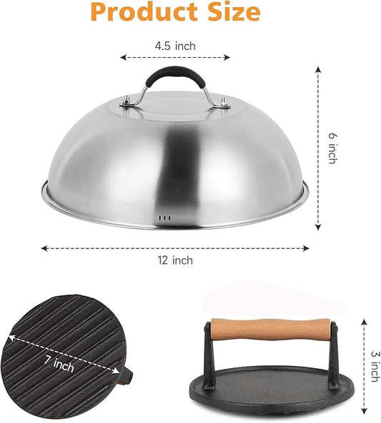 SHINESTAR Cast Iron Griddle Press with 12-Inch Melting Dome for Blackstone Griddle, Flat Top Grill & Griddle Accessories, Ideal for Patty, Burger, Bacon, Panini, Indoor and Outdoor Cooking