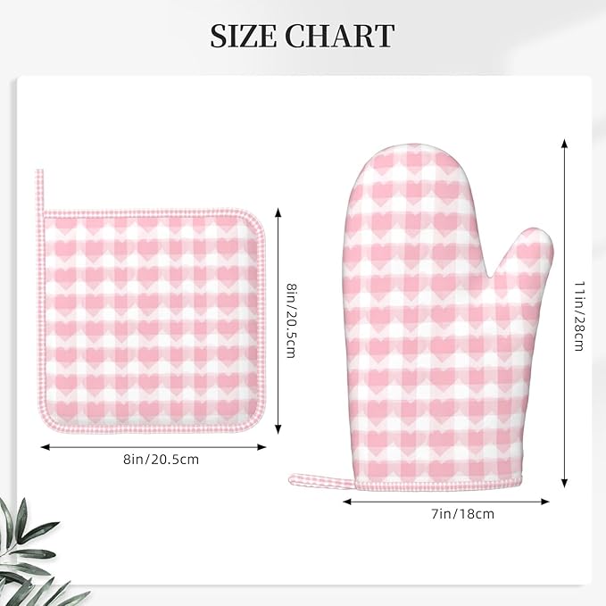 Oven Mitts and Pot Holders Pink Plaid Heart Pattern Silicone Kitchen Accessories Set of 4 Heat Resistant Long Gloves Potholder Non-Slip Grip for Chef Cooking Baking Grilling BBQ