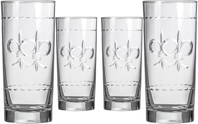 Rolf Glass Fleur De Lis Highball Glass 15 ounce - Set of 4 Cooler Glasses - Lead-Free Etched Drinking Glass with Heavy Base - Proudly Made in the USA