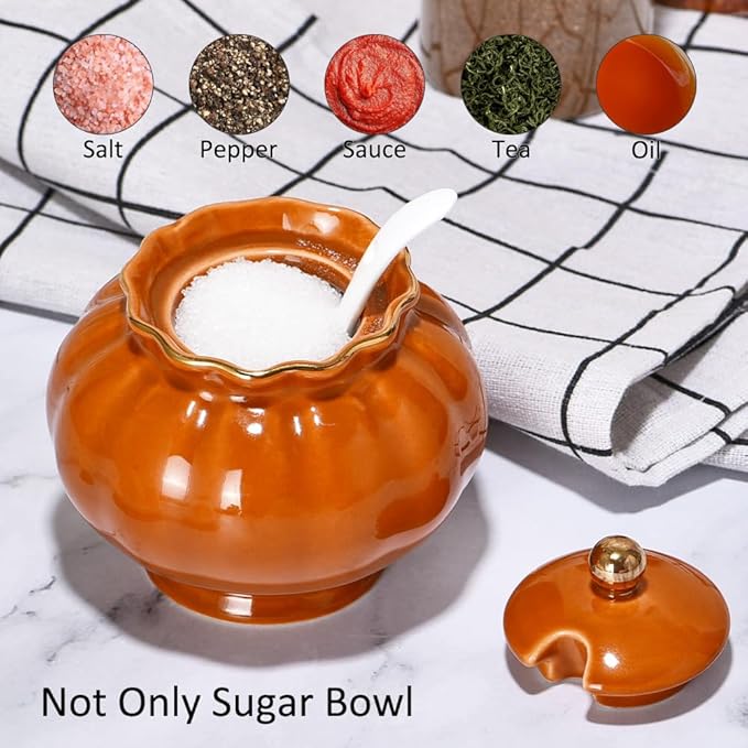 Ceramic Sugar Bowl, Salt Cellar with Lid and Spoon, 9oz Sugar Jar for Coffee Bar, Salt Box Sugar Containers for Seasoning, Spice, Sauce, Elegant Decor for Kitchen Countertop