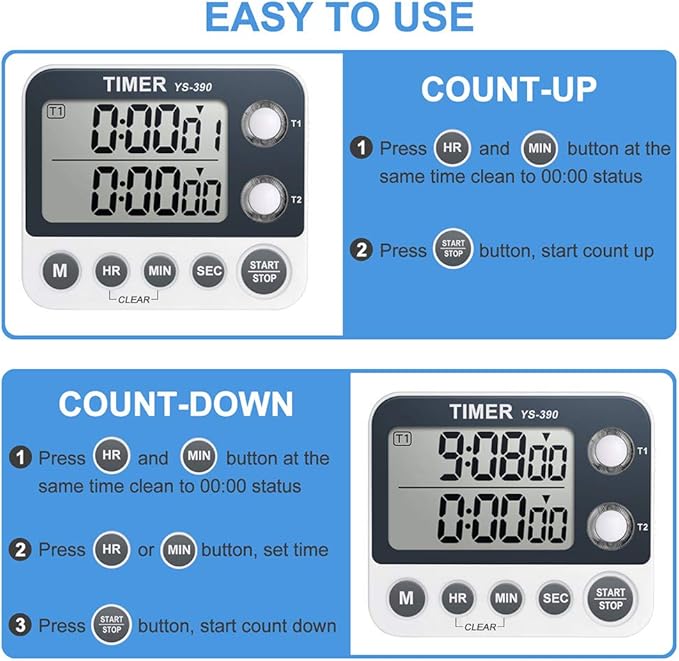 HomeMall Digital Kitchen Cooking Timer, Dual Count Up & Down with Magnetic Back, Large Display, Adjustable Volume and Flashing Alarm Light, ON/Off Switch Stopwatch, Battery Included