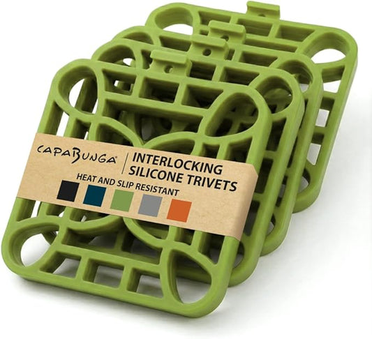 Capabunga 4-Pack Trivets for Hot Dishes - Green Interlocking Hot Pads for Kitchen, Coffee Bar Essentials, Silicone Mats for Kitchen Counter, Heat Resistant Silicone Trivets for Pots and Pans