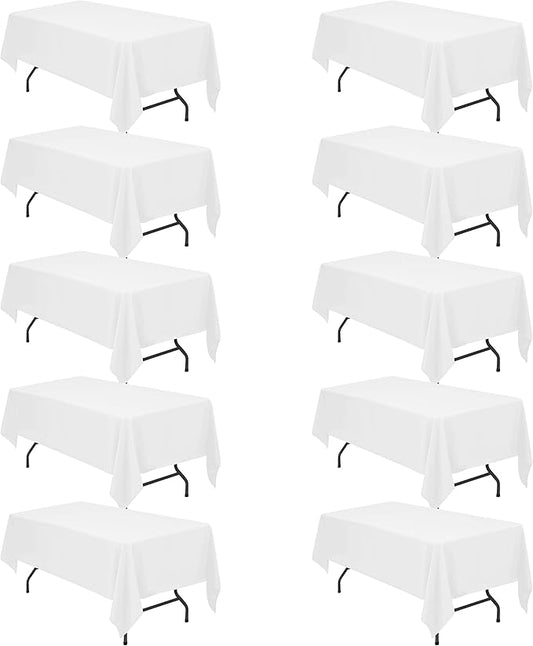 BRILLMAX 10 Pack White Tablecloths 60 x 102 Inch for 6ft Rectangle Tables - 150 GSM Polyester Fabric, 15" Standard Drop, Water, Stain & Wrinkle Resistant Cloth Cover for Wedding Dining Buffet