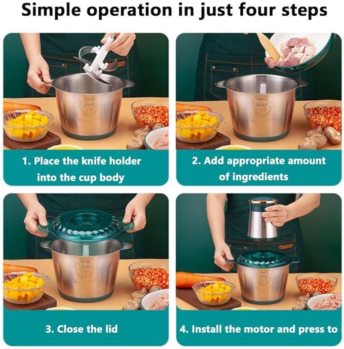 Food Processor,Electric Food Chopper,Fast Shredding for Meat, Vegetables, Fruits and Nuts,Electric Food Chopper with 4 Large Sharp Blades for Meat, Upgraded Button & Smart Overheat Protectio (3L)
