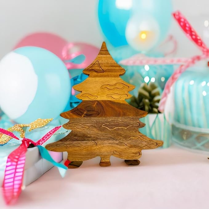 Treen Art Wood Cutting Board for Kitchen Christmas Snow Leaf Tree Shaped Wooden Cutting Board with Handle & Grooves, Decorative cutting board for Cheese and Charcuterie Platter 14"L x 13"W