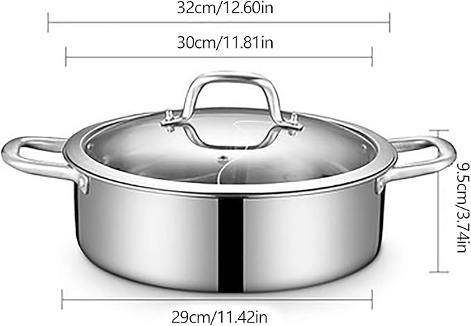 Double-flavor Shabu Shabu Pot with Divider and Lid, Dual Sided Nonstick Hot Pot, 32cm/12.6in Stainless Steel Shabu Shabu Pot, for Induction Cooktop, Gas Stove & Hot Burner, Soup Ladle Included
