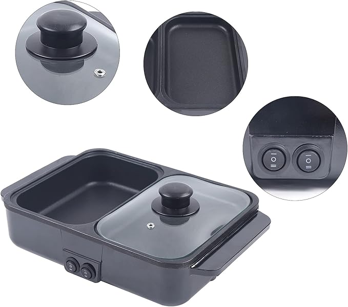 Electric Grill Hot Pot 2 in 1,Mini Electric Hot Pot BBQ Grill Kitchen Smokeless Shabu Cooking Pan 1200W,Multifunctional Grill Pan Indoor for Korean BBQ, Steaks, Shabu Shabu and Noodles (Black)