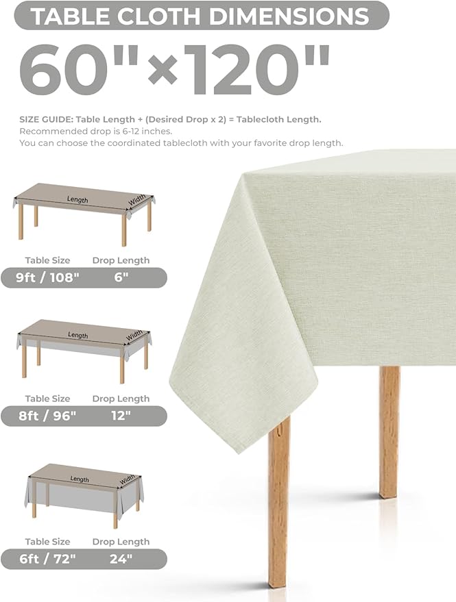 Waterproof Linen Table Cloth for 8ft Rectangle Table, Easy to Clean Wrinkle-Free Wipeable Outdoor Tablecloth for Wedding, Party and Camping(Oblong, 60 x 120 Inch (10-12 Seats), Light Grey)