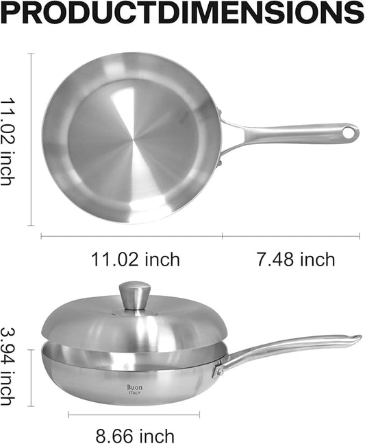 Buon EAT's good 5-Ply Stainless Steel Frying Pan 8 Inch Nonstick Skillet Pan with Lid, Induction Saute Pan for Cooking, Oven Safe Up to 800°F Compatible with All Stovetops