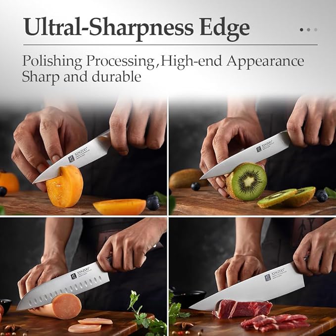 XINZUO German Stainless Steel Knife Set, 5Pcs Professional Chef Knife Sets for Chefs, Ultra Sharp,Chef Santoku Slicing Petty Paring Knife with Red Sandalwood Handle