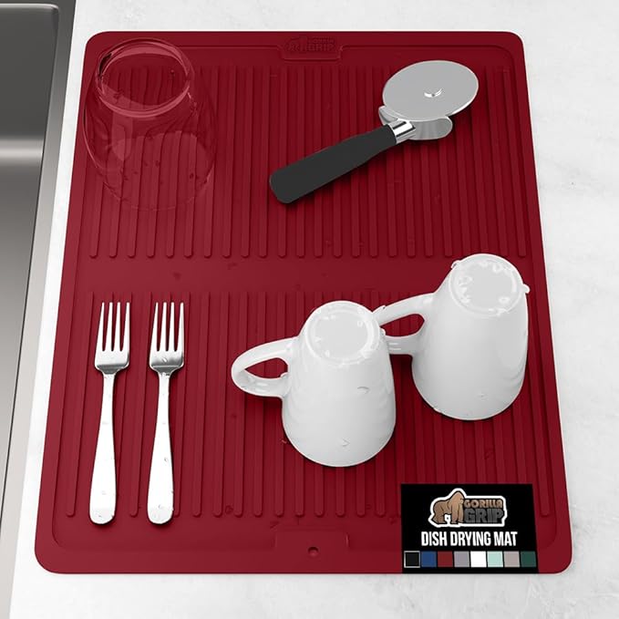 GORILLA GRIP 100% BPA-Free Patented Silicone Dish Drying Mat for Kitchen Counter, 18x16 Inch, Water Catching Ribbed Design, Easy Clean Waterproof Sink Liner, Heat Resistant, Fits Under Rack, Red