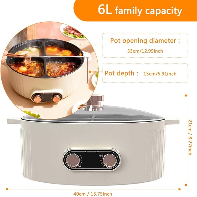 Electric Hot Pot with Divider, Four Grid Multifunctional Stew Pot, 4-Flavor Chinese Shabu Shabu Pot, for Family Gatherings Parties,White