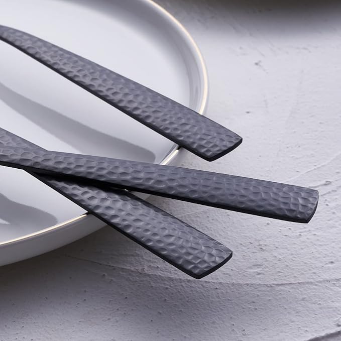 Matte Black Dinner Fork Set of 6, 8.0 inches Stainless Steel Black Silverware, Metal Hammered, Satin Finish