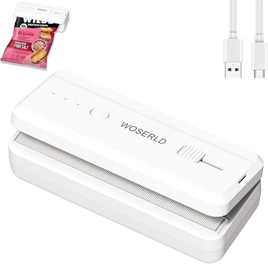 Mini Bag Sealer 2 in 1 Chip Bag Sealer and Cutter USB Rechargeable Heat Sealer Machine Sealer Portable sealer with Lithium 1300mAh Battery kitchen food packaging bag resealer(pure white)