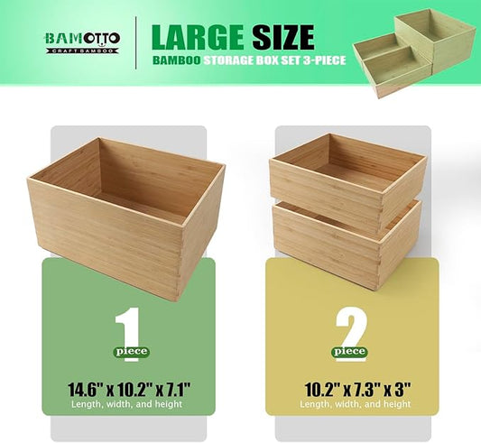 3-Piece Large Bamboo Storage Box Set - 7.1in High Stackable Deep-Drawer Organizer, Lidless Bamboo Bin for Kitchen Cutlery Utensils Knives (14.6"x10.2"x7.1"*1 + 10.2"x7.3"x3"*2)