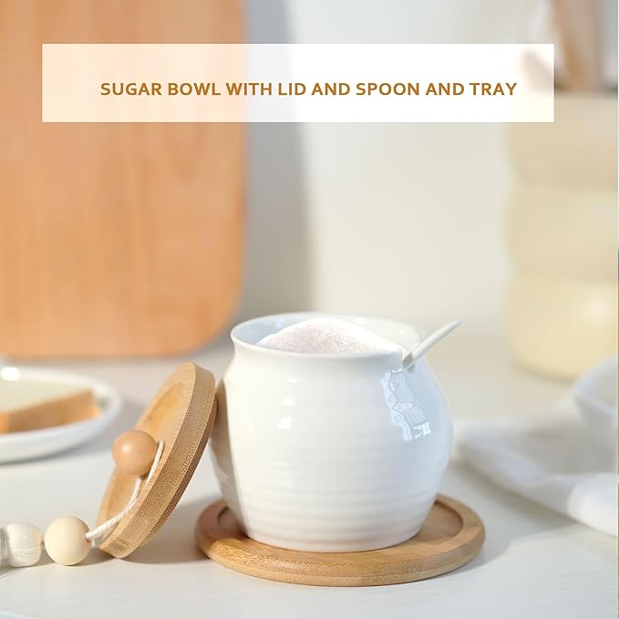 Sugar Bowl with Lid and Spoon,White Ceramic Sugar Container With Bamboo Lid and Tray,Dia 3.4'' H 4''|12oz