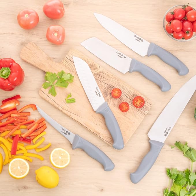 Restaurantware Comfy Grip 7 Inch Santoku Knife 1 Sharp Kitchen Knife - Ergonomic Handle Non-Slip Grip Gray Stainless Steel Japanese Chef Knife Dishwashable Granton Edge