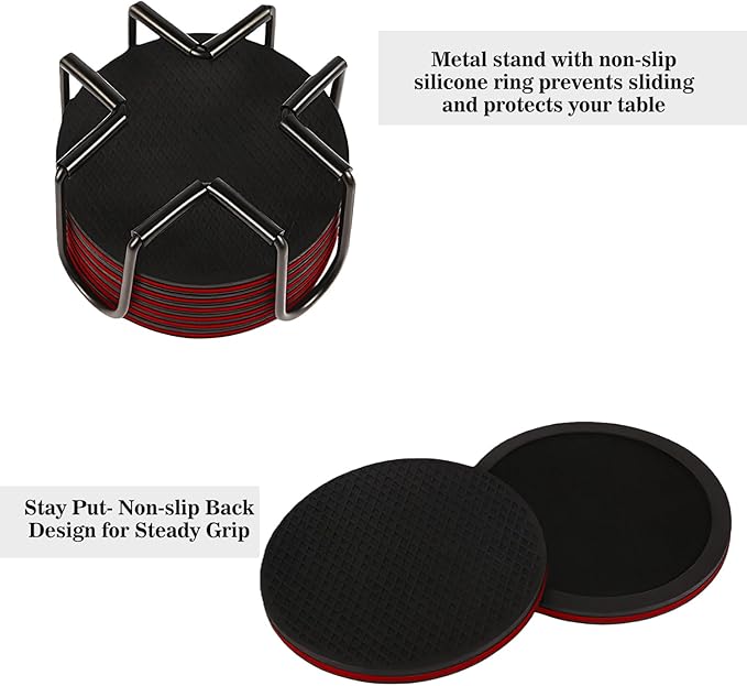 Sleek Absorbent Coasters with Holder – Silicone Cup Mat with Removable Felt Insert Non-Slip, Non-Stick, for Coffee Tables, Kitchen Décor – Set of 6 Coasters (Red)