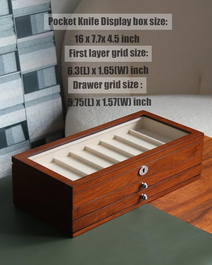 Bonaking Three-Tier Knife Display Case Box with Glass Window and Walnut Finish - Stores 22-26 Pocket Knives - Perfect for Men's Gift