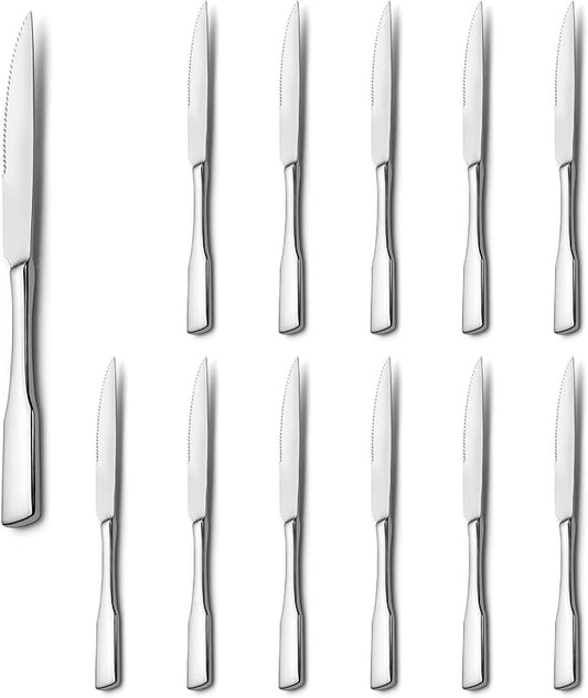 Alata Kate Steak Knives, Set of 12, Stainless Steel Flatware, Mirror Polished Cutlery, Dishwasher Safe