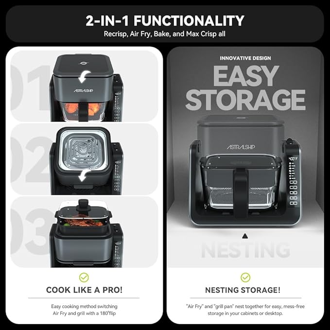 Astralship Glass Air Fryer, 2-in-1 Flip Airfryer & Grill Combo, Non-Toxic Teflon Free (No Plastic Smell), 360° Visible Cooking, 7 Presets, Compact for 1-2 People, 5.5QT Total Capacity, Dishwasher Safe