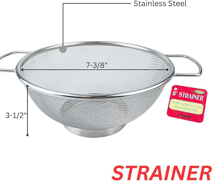 Fine Mesh Kitchen Strainer | Stainless Steel | 7" Top Diameter | 3" Height | Versatile Usage | Ergonomic Handles | Ideal for Straining, Draining, Steaming