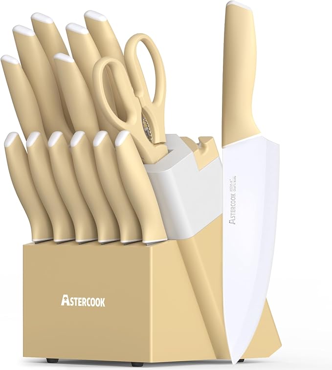 Astercook Kitchen Knife Set with Block and Sharpener 15 Piece Knives Set with Ceramic Coating German High Carbon Stainless Steel Knives Sharp Blade Dishwasher Safe Deba Knives with Ergonomic Handle